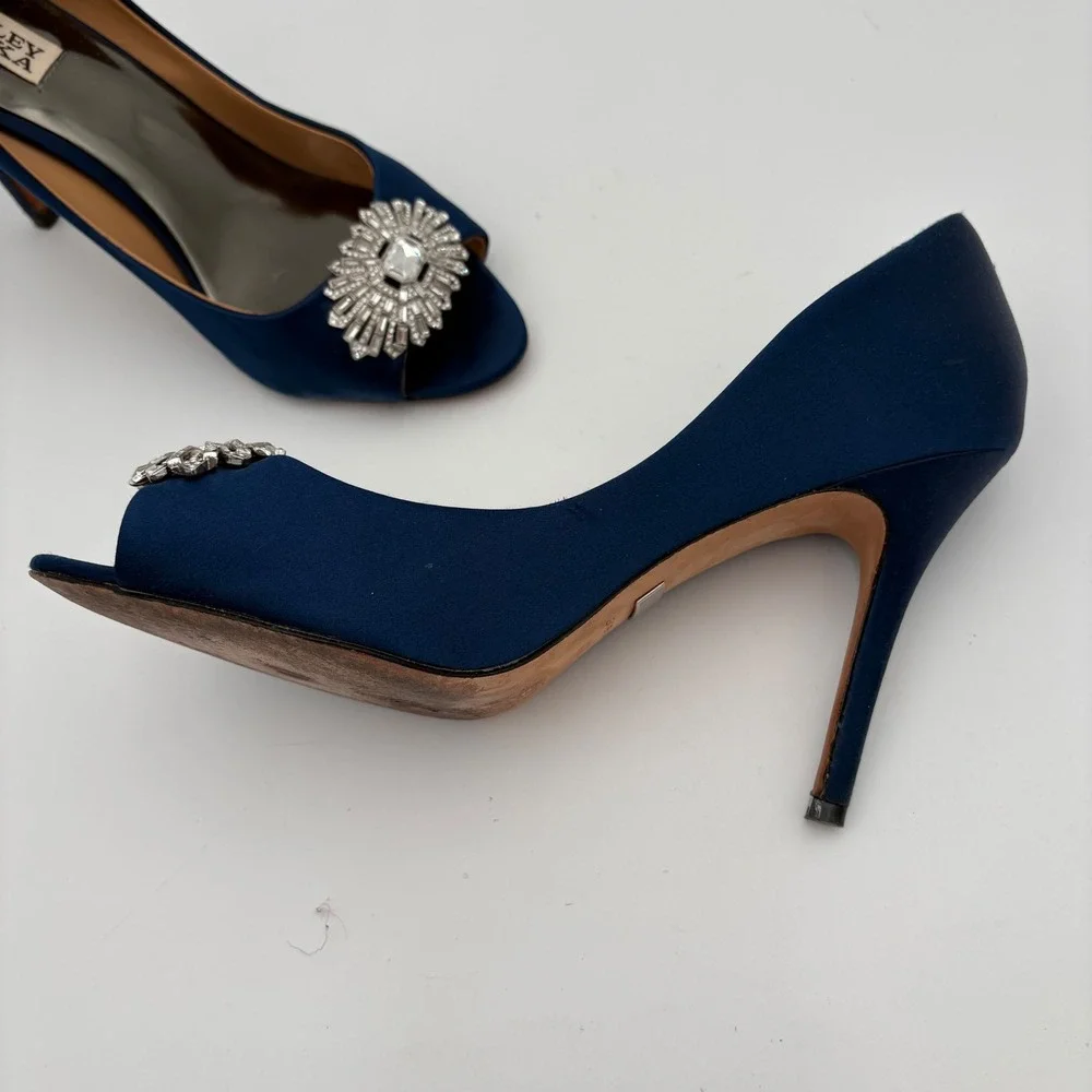 Badgley‎ Mischka Navy Blue Satin Peep Toe Heels Embellished Crystal Sparkle 9.5W